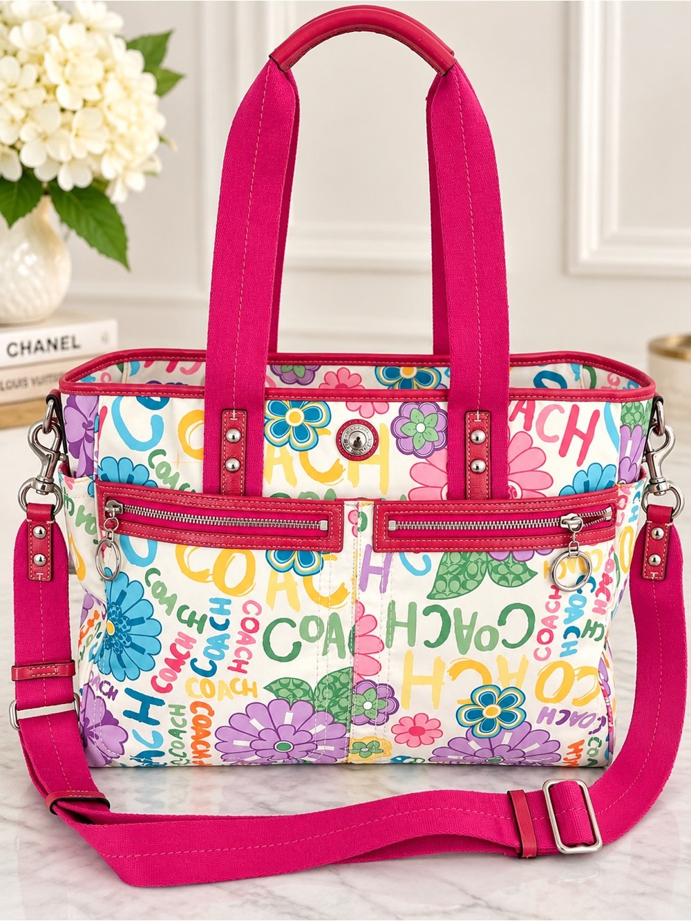 Coach Pink Multicolor Floral Logo Tote with Shoulder Strap Diaper bag